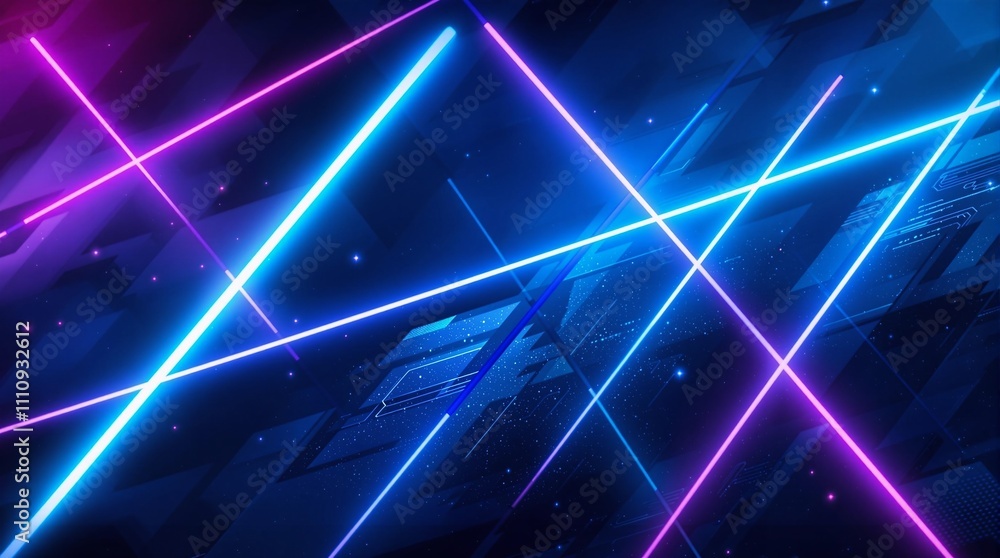 Poster  futuristic background featuring intersecting glowing neon lines in vibrant blue and pink tones, with a soft misty glow and subtle texture for depth.