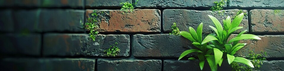 A vibrant green plant growing against a weathered brick wall, showcasing nature's resilience and beauty.