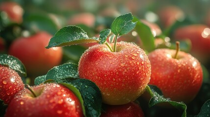 Fresh red apples glistening with dew, showcasing nature's bounty and vitality.