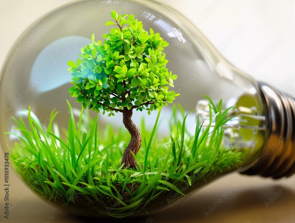 Poster a surreal close-up of a light bulb filled with green grass and a miniature tree inside.