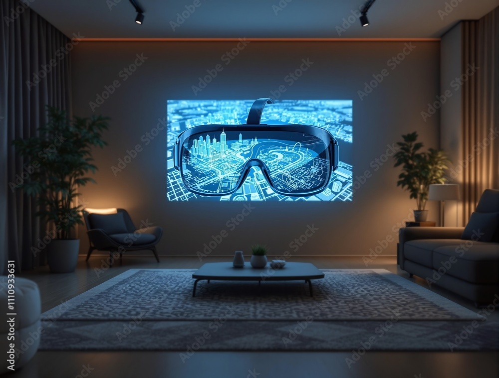 Poster A hyperrealistic image of virtual reality glasses projecting a 3D map in a dark room