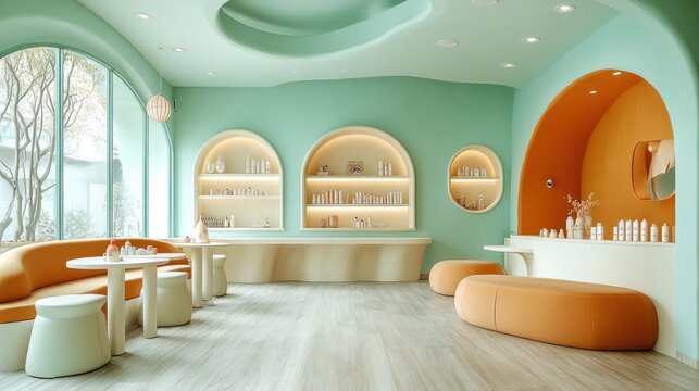 Here's a possible  and keyword list for your stock photo... Modern pastel beauty salon interior with curved walls, orange and mint green accents, and product displays. - Powered by Adobe