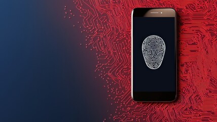 mobile payment and authentication concepts. A smartphone displaying a digital face pattern on a red and black background.