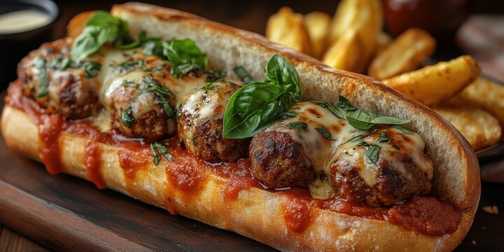 Fototapeta Delicious meatball sub with marinara sauce and cheese served with crispy fries at a cozy restaurant in the evening