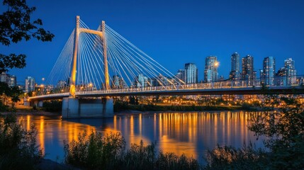 Fototapeta premium Illuminated cable-stayed bridge spanning river at twilight, city skyline in background.