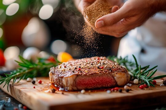 Masterful seasoning of a perfectly grilled steak on a wooden cutting board. Generative AI