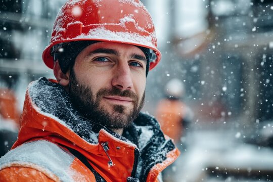 Portrait of a construction worker wearing a hardhat and winter clothes, smiling during a snowfall