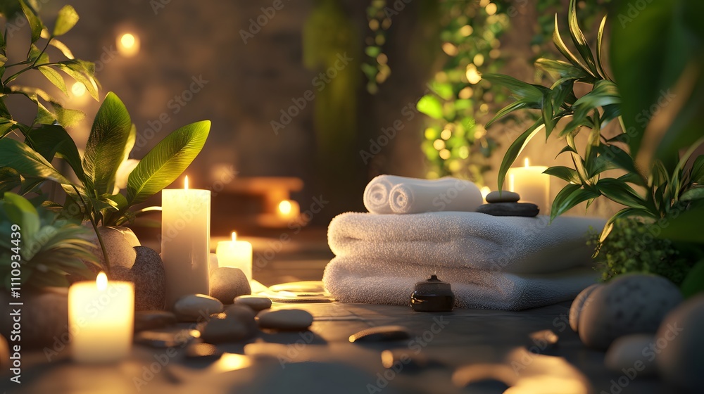Poster tranquil spa atmosphere with soft towels, candles, and natural elements to create a calming and peac