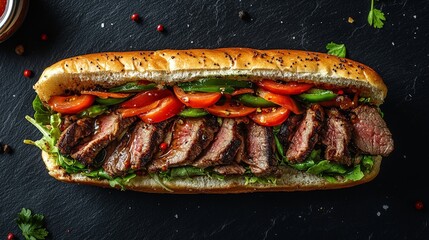 A delicious steak sandwich loaded with fresh vegetables on a dark background.