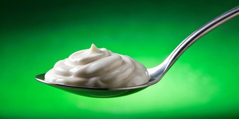 Velvety White Cream on Elegant Silver Spoon - Minimalist Food Photography with Vibrant Green Background, Ideal for Dairy Ads and Culinary Publications
