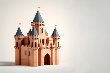 Fototapeta premium Miniature paper cardboard castle with flags. Space for text.