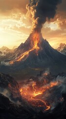 Fototapeta premium Dramatic Volcano Eruption, showcasing an active volcano with smoke billowing from the peak, capturing the raw power of nature and the excitement of exploration.