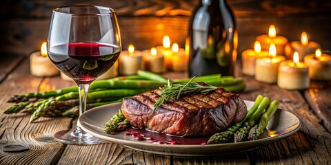 Succulent Grilled Steak and Red Wine Romance by Candlelight. Luxurious intimate dining scene on dark wood surface featuring perfectly grilled steak with rosemary garnish and red