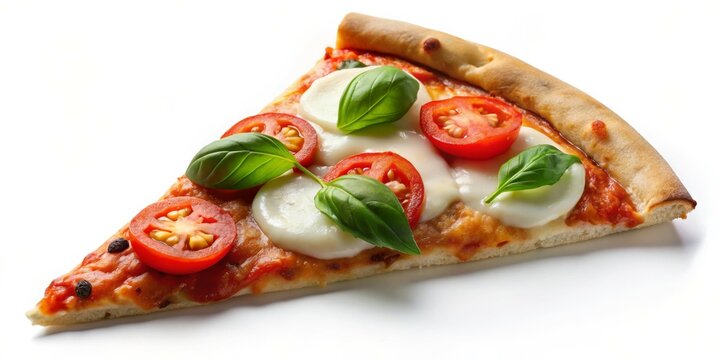 Succulent Margherita Pizza Slice - Mouthwatering Mozzarella and Fresh Basil against Clean White Background - Delicious Italian Cuisine Photography - Powered by Adobe