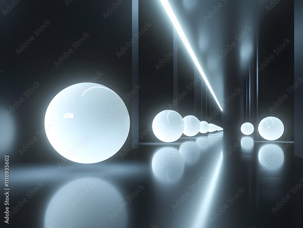 Poster abstract futuristic corridor illuminated by glowing orbs, showcasing a sleek and modern design with 