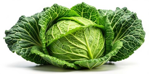 Obraz premium Savoy Cabbage Crisp Green Leaves Closeup on Bright White - Fresh Farm Harvest for Healthy Recipes, Cooking Guides, and Food Advertising