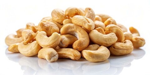 Fototapeta premium Savory Cashew Bounty Exquisite Close-Up Vegan Snack Pile on White Background. Gourmet Delicacy with Natural Warm Tones. Culinary Creativity for Recipes, Blogs and Ads