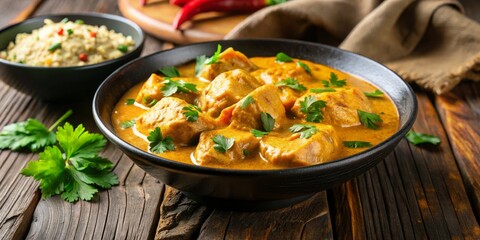 Savory Chicken Curry Delight Golden Delicacy in Dark Bowl with Vibrant Accents on Wooden Table - Appetizing Gourmet Cuisine Photography