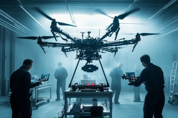 Engineers testing a heavy lift drone with a professional camera in a specialized workshop