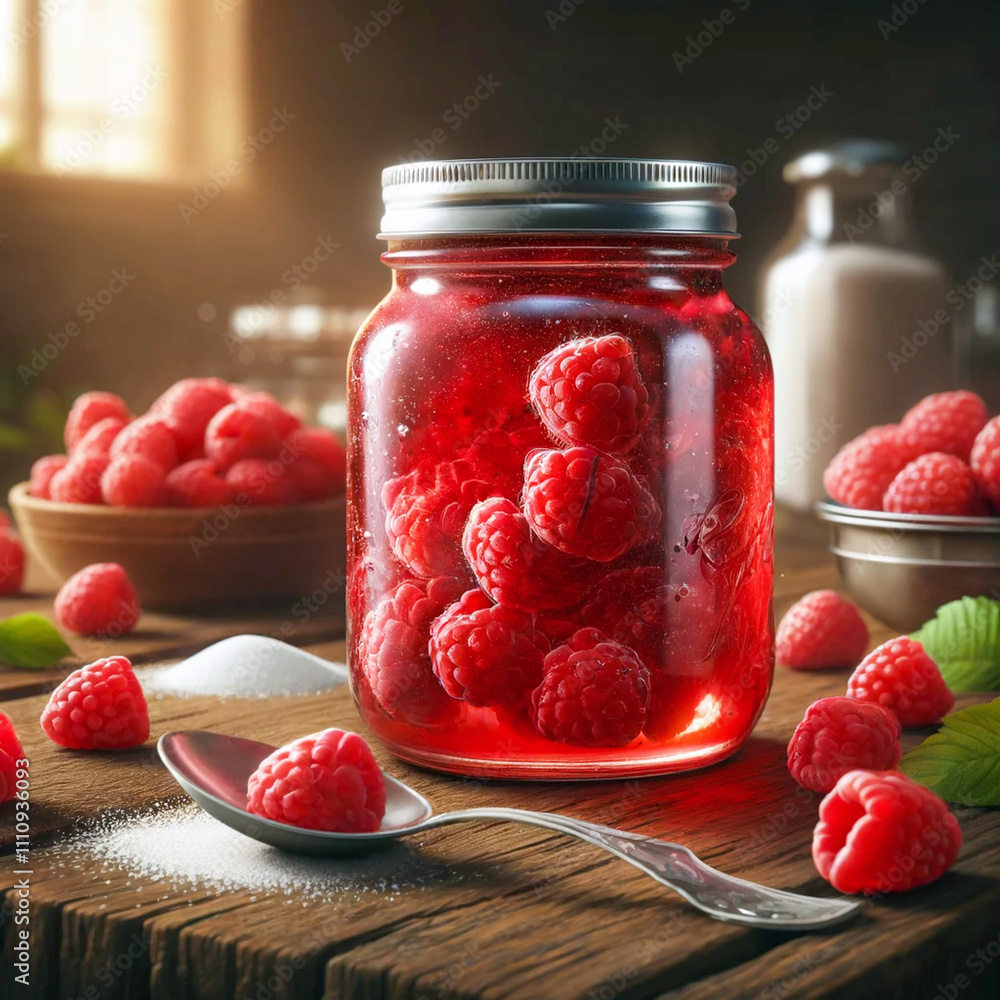 Poster a glass jar filled with raspberry compote stands on a wooden table. fresh berries lie around the jar