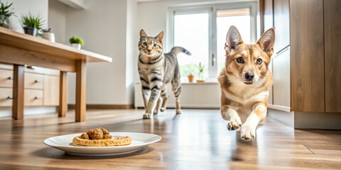 Playful Domestic Scene Excited Dog and Curious Cat in Bright Kitchen - Pet Anticipation, Everyday Joy - High-Quality Lifestyle Stock Photo