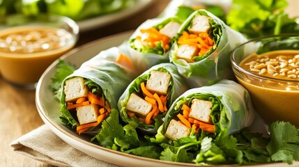 Photo of, A colorful plate of vegetable spring rolls with crispy tofu, shredded carrots