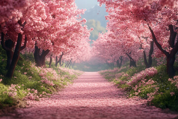 Serene Path Through A Blossoming Cherry Tree Avenue