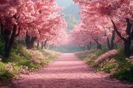 Serene Path Through A Blossoming Cherry Tree Avenue