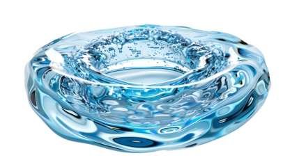 Circular water ripple turning into a splash, fine droplets radiating outward, perfectly symmetrical, isolated on white, cut out