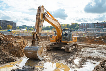 Excavator digging on muddy construction site with building foundations and operator in cabin