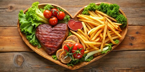 Heartfelt Delights Romantic Heart-Shaped Grilled Steak Platter on Rustic Wooden Background - Festive Dining Concept