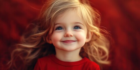 Fototapeta premium Joyful child with flowing hair smiles brightly against a vibrant red background in a playful moment during afternoon light