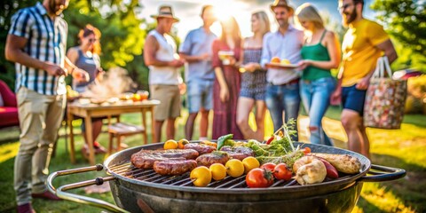 Grilled Delights Closeup Feast of Savory Meats and Fresh Veggies at Summer BBQ Gathering, Joyful Atmosphere with Lush Greenery