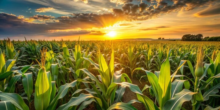 Golden Sunset Glow Over Verdant Cornfield Serene Nature Landscape in Warm Tones, Lush Crops at Dusk, Tranquil Rural Scene for Agriculture and Nature Concepts