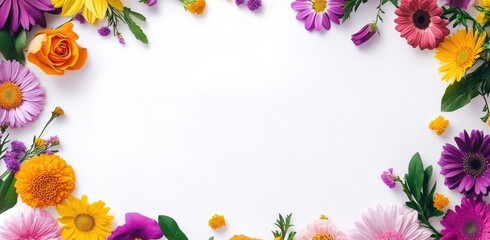 Colorful flowers create a vibrant border around a blank space perfect for invitations or announcements in a bright, cheerful arrangement