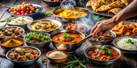 Obraz premium Exquisite Indian Curry Feast A Close-Up Symphony of Aromatic Delights on a Rustic Wooden Table - Rich, Vibrant, and Inviting