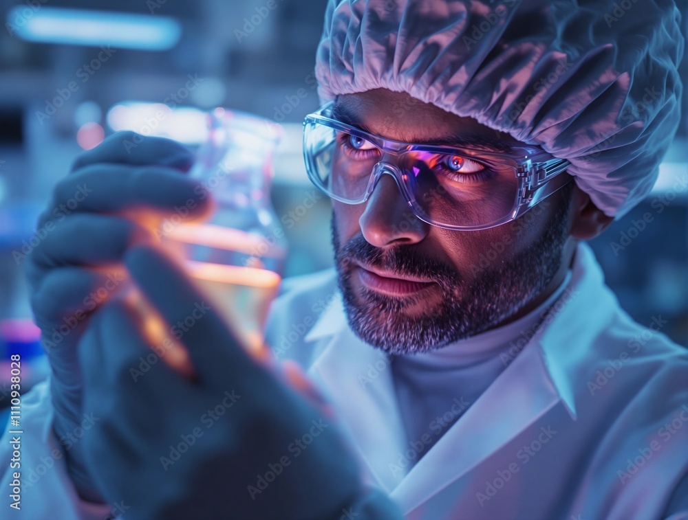 Poster a cinematic close-up of a scientist in a lab coat inspecting a glowing vial of liquid in a sterile e