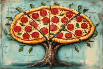 Painting of a pepperoni pizza tree growing slices with basil leaves on a rustic blue background, symbolizing the love for this italian dish