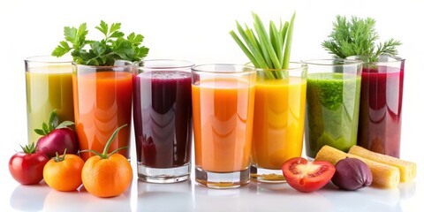 Fototapeta premium Colorful Juice Glasses - Vibrant Freshness in Symmetry Bright Healthy Drink Collection with Fresh Produce on White Background - Fresh Juice Concept for Advertising and Editorial