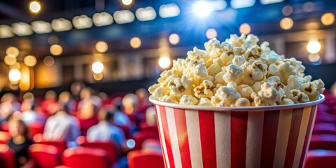Cinematic Indulgence Irresistible Fluffy Popcorn in Retro Container Amid Movie Theater Excitement - Warm, Cozy, Festive Atmosphere for Entertainment Ads, Blogs, and Branding