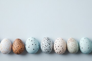 Fototapeta premium Pastel-colored eggs with speckled patterns are arranged in a straight line, creating a simple yet elegant visual display with a minimalistic color palette and smooth textures.