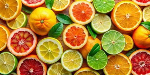 Fototapeta premium Citrus Symphony Lush Close-Up of Vibrant Citrus Fruit Slices on Warm Wooden Surface - Fresh, Appetizing, Food Photography for Blogs, Recipes, and More