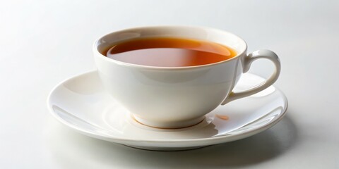 Captivating Elegant White Teacup with Amber Tea on Saucer - Serene Minimalist Still Life, Softly Lit for Tranquil Moments of Contemplation