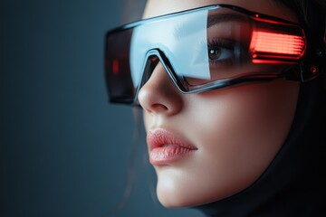 A close-up portrait of a woman wearing reflective futuristic eyewear, blending modern technology with cutting-edge style, evokes a sense of innovation and trendsetting fashion.