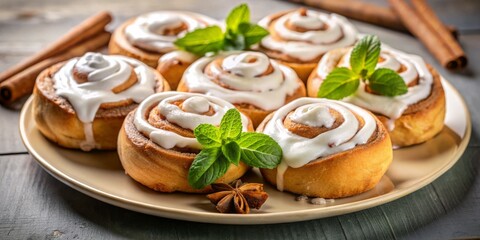 Captivating Delectable Cinnamon Roll Delight on Beige Plate - Closeup of Glazed Treats with Fresh Mint in Rustic Setting for Gourmet Bakery Ads and Food Blogs