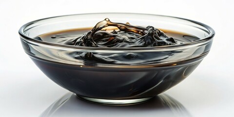 Captivating Dark Liquid Splash in Glass Bowl - Elegant Still Life Closeup with Glossy Texture and Dynamic Movement on White Background - Moody Culinary Concept for Advertising
