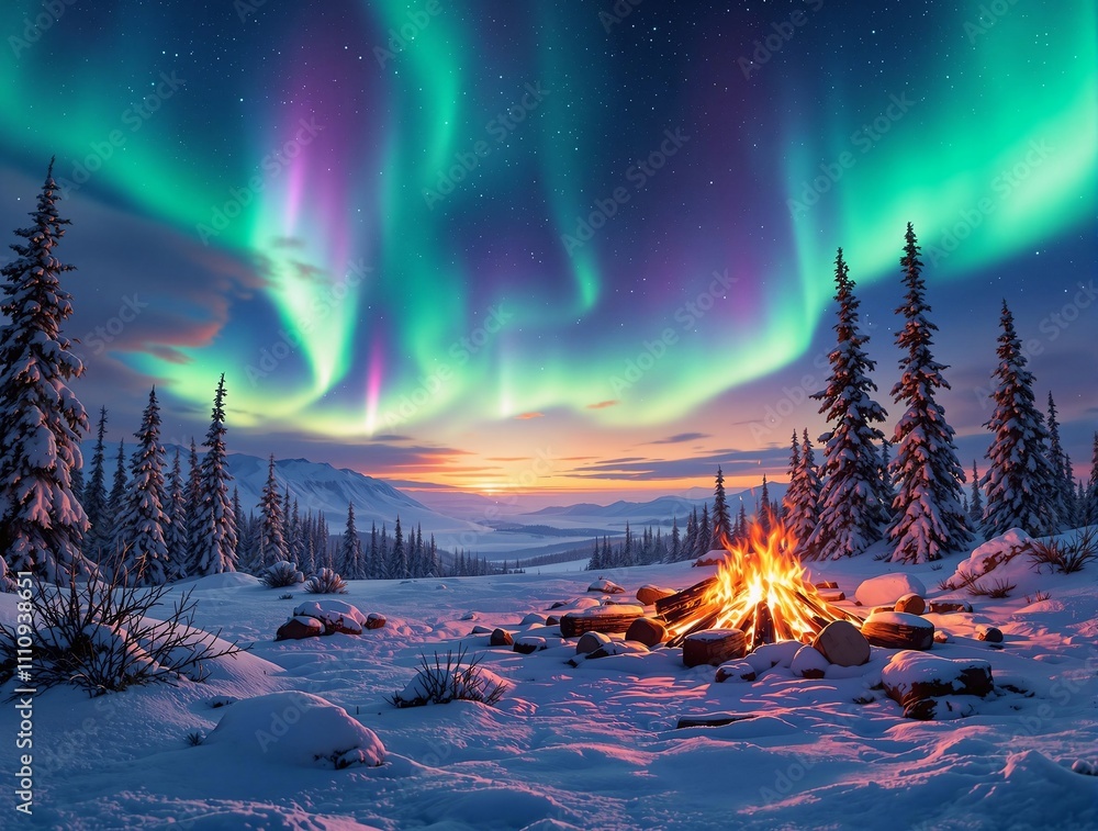 Poster a hyperrealistic image of a campfire glowing under a vivid aurora borealis in a snowy wilderness.