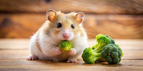 Adorable Syrian Hamster with Broccoli Close-Up of Cute Pet Rodent on Wooden Surface, Warm Brown Background. Heartwarming, Calm Animal Moment for Pet Care, Blog, or Nature Concept