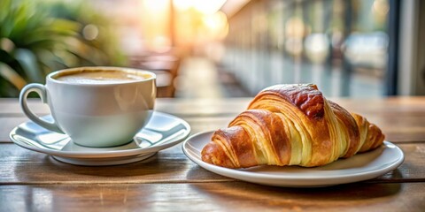 A Morning Delight Close-Up of Croissant and Coffee on a Wooden Table in a Cozy Cafe Setting. Warm, Sunny Atmosphere Perfect for Food Blogs, Menus, Coffee Shop Ads. Peaceful,