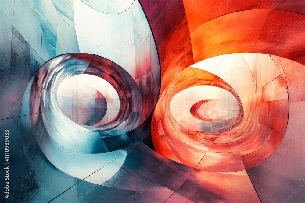 Poster swirling and colorful shapes creating a tunnel in an abstract architectural design